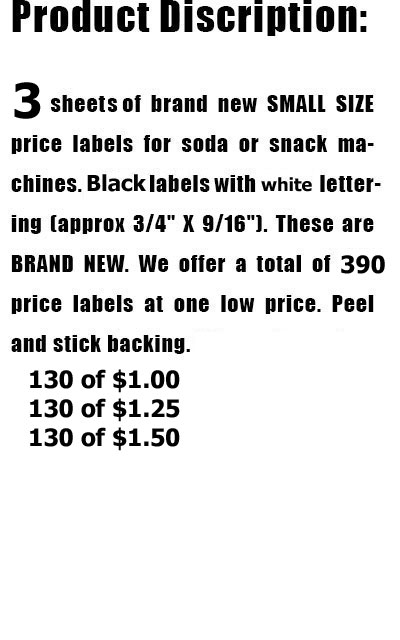 390 price labels for vending Black stick on $2 small $1.50,$1.75 3/4" X 9/16" 